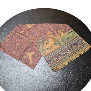 Vintage Italian Silk Men's Scarf Red Paisley w/Loon Wildlife Panel Academia Prep